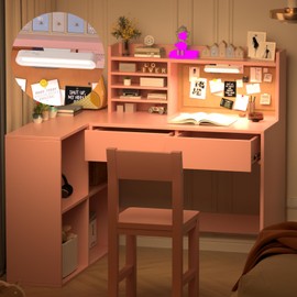 Kids Desk and Chair Set for 5-12 Year Old, 41" x 31" Pink Study Desk with 3-Color LED Lights, Adjustable Magnetic Lamp, Storage Drawers & Shelves, Bulletin Board, Corner Writing Desk for Boys Girls