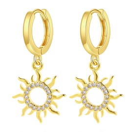 Qxsatuv Sun Earrings Gold Dangle Huggie Hoop Earrings with Sun Charm for Women 14k Real Gold Plated Hypoallergenic Statement Hinged Hoop Earrings with CZ Drop, Trendy Dainty Nap Earrings