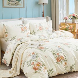 Cozaline 100% Nature Cotton Duvet Cover King Size - Reversible Botanical Floral Duvet Cover Set with Zipper Closure, 3 Pieces Soft & Breathable Vintage Bedding Set for All Seasons