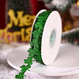GreatRise 5 Yard Glitter Ribbon Christmas Clover Decorative Ribbon Gift Ribbon Ribbon Craft Ribbon for Crafts Christmas Party Hanging Decoration Gift Packaging Green 1 Roll