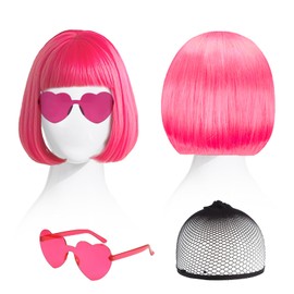 SAIIURV 3 Pieces Bob Wig Cabaret Pagehead Pagen Charleston Synthetic Neon Wig Women Bob Wig with Neon Glasses and Hair Net Wigs for Carnival Fancy Dress Theme Party (Pink)