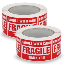 2 Rolls/1000 Labels,Handle with Care Fragile Thank You, Red Warning Shipping Label Stickers (2" x 3")
