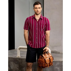 VATPAVE Mens Summer Striped Shirts Button Down Short Sleeve Vintage Beach Hawaiian Shirts with Pocket Large WineRed Fashion