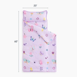 Wake In Cloud - Toddler Nap Mat with Pillow and Blanket, for Kids Girls in Kindergarten Daycare Preschool Pre K, Roll Up Sleeping Bag, Cute Butterfly Flowers, Purple, Extra Long