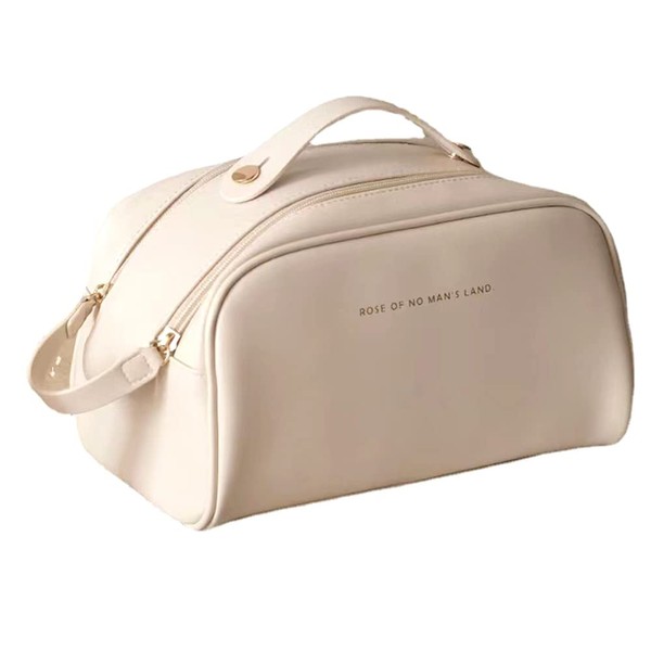 TOOSOAR Large Capacity Cosmetic Bag, Women's Travel Cosmetic Bag, Portable Leather Travel Cosmetic Bag, Pencil Case, Make Up Bag, Waterproof Travel Makeup Bag with Divider, White