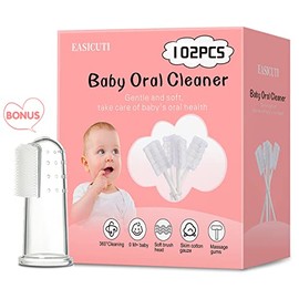 102PCS Baby Tongue Cleaner, Newborn Baby Oral Cleaner, Disposable Infant Gum Cleaner, Gauze Dental Care for 0-36 Months + 1 Finger Toothbrush with Cas