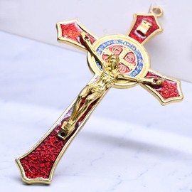 BRAVECOW Vintage Wall Decoration Wood Metal Hand Hold Cross Crucifix Jesus Holy Religious Carved Christ (Red)