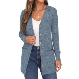 GRECERELLE Womens Cardigan Long Sleeve Open Front Cardigans Button Down V Neck Ribbed Knit Lightweight Outerwear with Pocket (Light Blue, L)