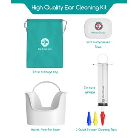 Ear Wax Removal Kit (8pcs) – Medi Grade Ear Cleaner, Ear Wash Kit –Comes with 100ml Ear Wax Removal Syringe, Quad-Stream Tips, Ear Basin, Compressed Towel and Storage Bag– Home Ear Syringe Kit