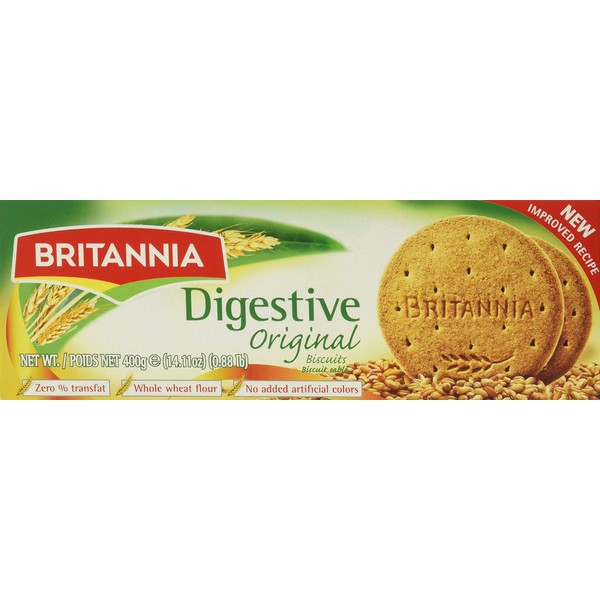 BRITANNIA Digestive Original Biscuits 14.11oz (Pack of 1 - 400g) - New Improved Recipe Whole Wheat Flavor Cookies - Breakfast Lunch, Party Healthy Snacks, Whole Grain Crackers Suitable for Vegetarian
