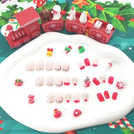 Christmas Press on Nails Short Square Fake Nails with Santa Hat Glitter Designs Red French Tip False Nails Press ons Xmas Bow Pattren Glue on Nails for Women 24 Pcs