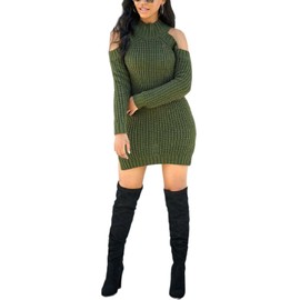 Green Sweater Dresses for Women Casual Long Cold Shoulder Sleeve Mock Neck Knit Winter Loose Pullover Sweater Dress Split Side(Small)