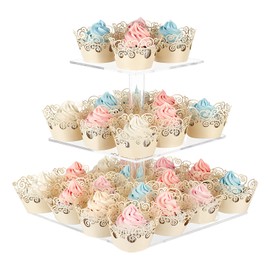 AMEITECH Cupcake Stand with Base, 3-Tier Square Acrylic Cupcake Display Stand, Dessert Tower, Pastry Stand, Premium Cupcake Holder for Wedding, Birthday, Theme Party, Clear