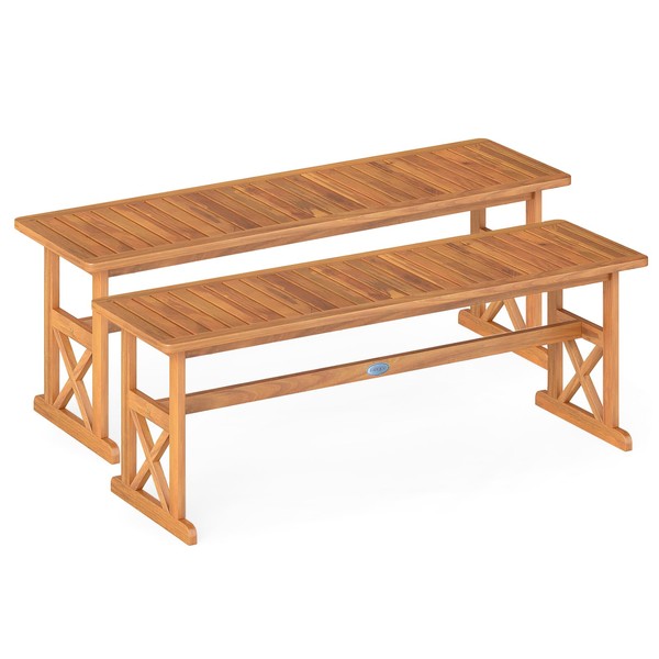 Tangkula Outdoor Acacia Wood Bench, Set of 2 Backless Patio