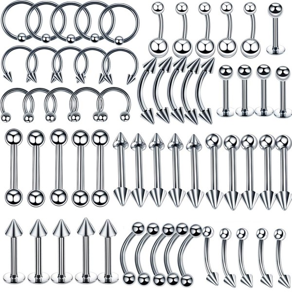 Multi Piercing Set 60x Stainless Steel Silver Mix Body Jewellery