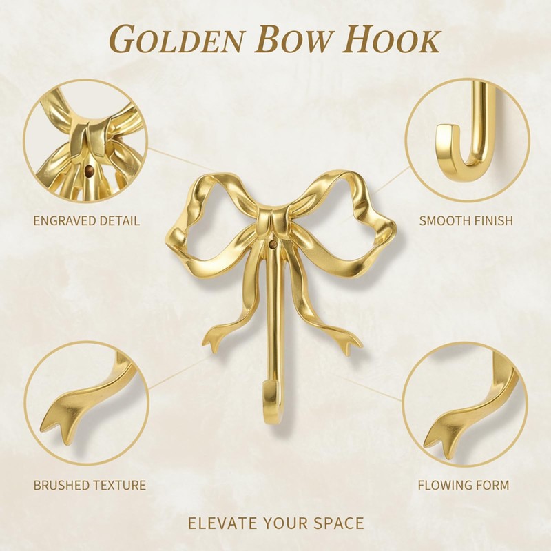 Tniytru Gold Hooks, 2 Pieces Elegant Bow Knot Wall Hooks