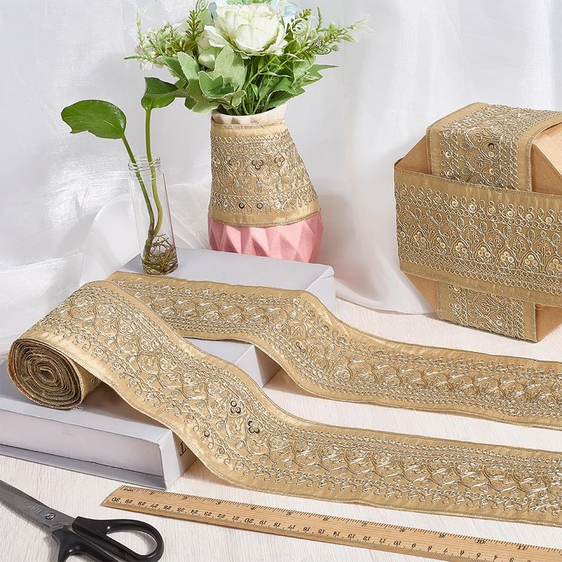 CABODYALS 3.46 Inch Gold Jacquard Embroidered Ribbon Polyester Sequin Bead