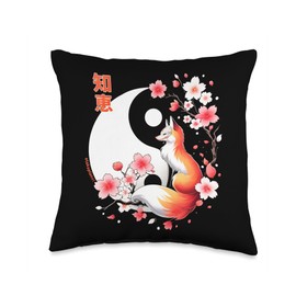 Kitsune fox cherry Blossom in Ying Yang sakura Tree Design Throw Pillow