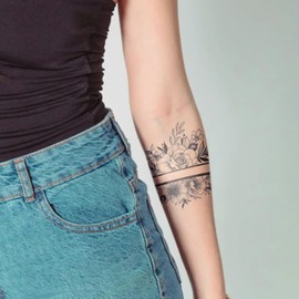 WEEKINK Flower Sleeve Temporary Tattoos – Realistic Fine Line Black & White Floral Band Designs for Arms & Legs, Waterproof & Long-Lasting Semi-Permanent Tattoos for Man & Women