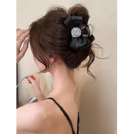 Elegant Rose Bow Claw Clips, Large Silver Leather Bow Hair Clips Non-slip Fashion Hair Accessories for Thick Thin Hair (Black)