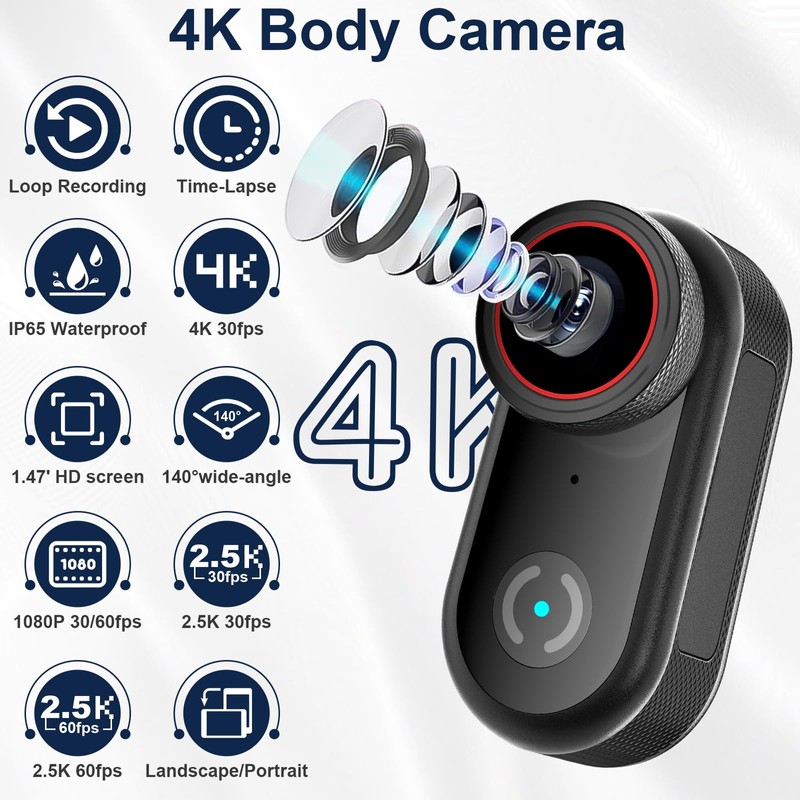 Mini Body Camera with 32GB Card, 4K Wearable Action Camera