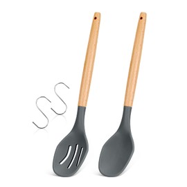Large Silicone Cooking Spoons, 2 Pack Nonstick Solid and Slotted Wooden handle Spoon Set, Heat Resistan Silicone Kitchen Spoons for Cooking, Serving, Basting, Mixing (Grey)