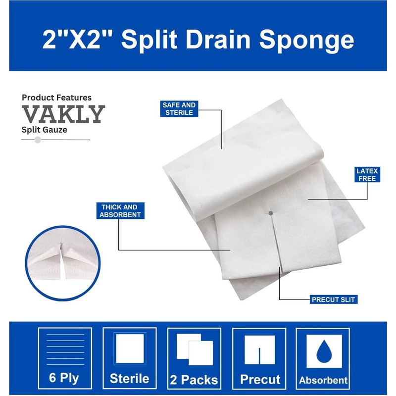 Vakly Split Drain Sponge Gauze 2x2 Sterile 6 Ply Pads