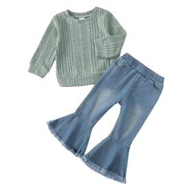 Mioglrie Girl Clotehs 4T 5T Baby Clothing Toddler Girl Jeans Pants Cute Sweatshirt Set Cotton Baby Girl Stuff Little Girl Fall Winter Outfits Green Little Baby Clothes for Girls