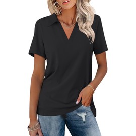TICTICMISS Women's Short Sleeve Shirts V Neck Summer Tops Casual Collared Polo Shirts Basic Tees Black