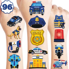 96 PCS Police Car Police Officer Policeman Pre-Cut Temporary Tattoos for Kids | Super Cute Theme Birthday Party Favors, Supplies, Decorations, Fake Tattoo Stickers, School Rewards & Gifts Boys & Girls