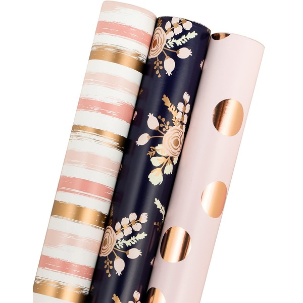 MAYPLUSS Wrapping Paper Roll - Mini Roll - 17 inch X 120 inch Per roll - Pink Polkas Dots, Stripe & Black Floral Design (42.3 sq.ft.ttl)