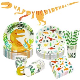 Bymivofun 81 Piece Dinosaur Birthday Tableware Set, 16 Guests Paper Dinosaur Party Accessories, for Children Themes Birthday Party Shower Decoration
