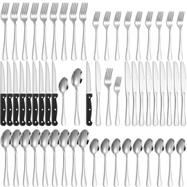 60-Piece Silverware Set with Steak Knives Stainless Steel Flatware Set for 8 Food Grade Tableware Cutlery Set Rust-proof, Mirror Polished, Dishwasher Safe