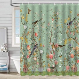 Ezmine Floral Shower Curtain Waterproof Plant Bathroom Decoration Leaves Shower Curtain Washable Bathroom Curtain Decor Quick-Drying Shower Curtain for Bathroom with 12 Hooks 180x180cm (71"x71")
