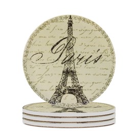Paris Coasters for Drinks Set of 4 Retro French Style 4 inch Absorbent Diatomite Ceramics Eiffel Tower Coasters for Coffee Table with Cork Base, Suitable for Dining Tables, Desks, Restaurants, Cafes