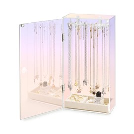 Cirhy Iridescent Necklace Holder Organizer for Women & Girls, Rotating Acrylic Jewelry Display Stand with Velvet Tray, Dustproof Necklace Organizer Box, Great Gift for Her