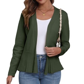 GRECERELLE Women's Cardigan with Pleated Hem Lightweight Long Sleeves Cardigan Women's Short Elegant Casual Open Front Bolero, Army Green, L