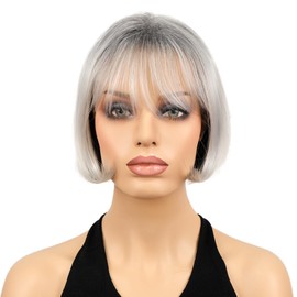 Lydell 8" Straight Short Wigs Bob Hair with Bangs Cute Heat Resistant Synthetic for Daily Use Cosplay Silver with Dark Roots