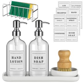 Tioncy 7 Pcs Kitchen Soap Dispenser Set Includes 2 Pcs 16 oz Dish and Hand Soap Glass Dispenser Sponge Holder for Kitchen Sink Dish Brush Ceramic Dish Brush Holder Tray Label for Bathroom(White)