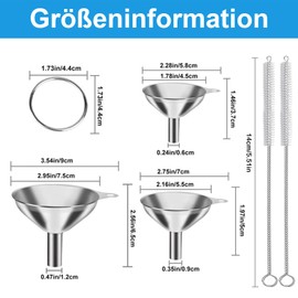 3 Stück Trichter Edelstahl mit 2 Reinigungsbürste,Metall Einfülltrichter Set,Mini Küche Strainer Trichter,Stapelbarer Kleiner Trichter für Übertragen von Flüssigkeit, Kochölen (7.5/5.5/4.5cm)