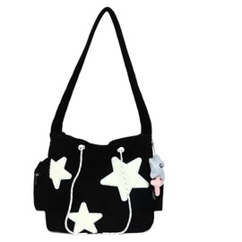 Corduroy Crossbody Bag for Women Y2k Aesthetic Star Patches Messenger Bag Cute Shoulder Tote Bag with Kawaii Pendant (Black,One Size)