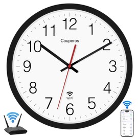 Couperos WiFi Wall Clock with Auto-DST, 12 Inch Silent Non-Ticking Round Analog Modern Battery Powered Clock Smart Analog WiFi Clock for Home Kitchen Office Classroom