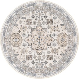 zesthome 8ft Round Rugs for Living Room, Non-Slip Washable Round Area Rugs, Ultra-Thin Large Circle Rugs, Soft Low Pile Rug for Bedroom, Kitchen - Vintage Stain Resistant Round Rug (Beige,8'x8')