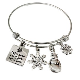 Winter Snowflake Charm Bracelet - Stainless Steel Bangle with Snowman and Let it Snow Charm - Holiday Jewelry for Christmas Gifts