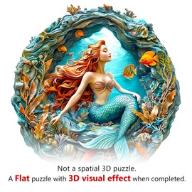 KAAYEE Wooden Puzzles for Adults Visual 3D Mermaid Wooden Jigsaw Puzzles for Adults 200 Pieces Wood Puzzle Gifts for Adults and Kids Mermaid Puzzles(11.4 * 11.4in)