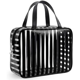 Travel Makeup Organizer, Compact Lightweight Accessory for Travel and Daily Use - Edelefas Clear Black Striped PVC