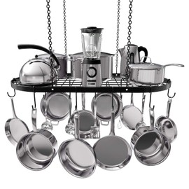 Vdomus Heavy-Duty Hanging Pot Rack - 33x17 Inches - Stylish Black Alloy Steel Ceiling Storage with 15 Hooks - Organize Kitchen Cookware and Utensils - Space-Saving Mounted Overhead Holder
