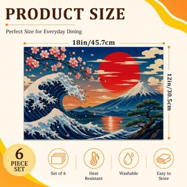 Washable Placemats Set of 6, Cherry Blossom Ocean Wave Mountain 12 x 18 Inch Linen Table Mats, Waterproof Stain Resistant Reusable Place Mats for Dining Table, Kitchen, Indoor Outdoor Home Decor