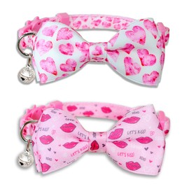 Pohshido Valentine's Day Cat Collar Set with Bow Tie, Bell & Pendant, Adjustable Breakaway Heart & Kiss Pattern Kitten Collars for Male and Female Cats