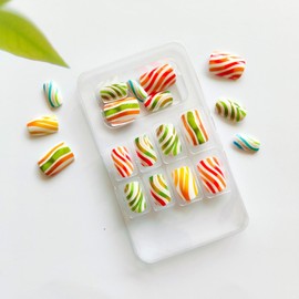 24Pcs Summer Press on Nails Medium Square Fake Nails with Colorful Candy Designs Gradient Acrylic Nails Rainbow Stripes Glitter False Nails Full Cover Stick on Nails for Women Girls